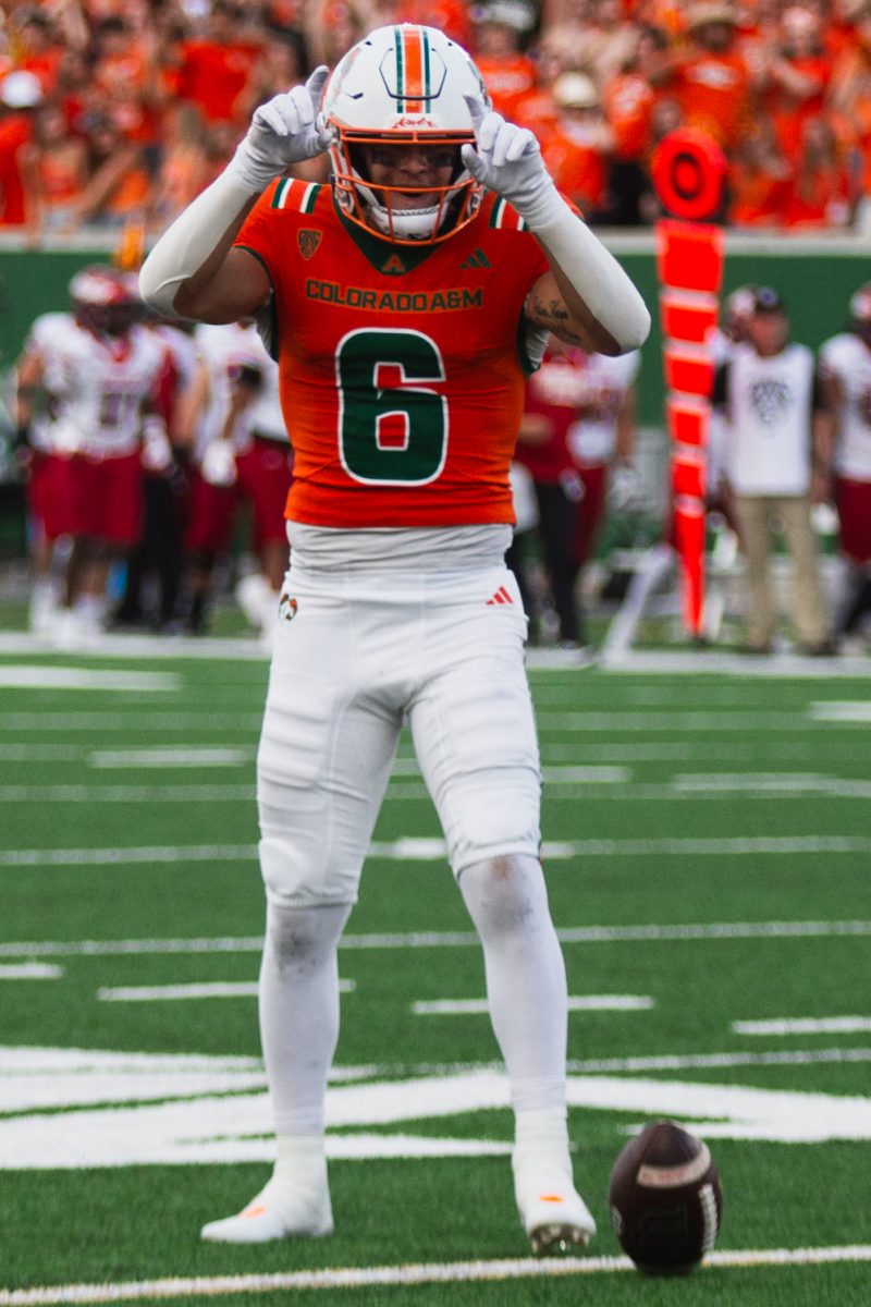 Colorado State University wide receiver Jackson Harper (6) points to the crowd after catching a pass during the Ag Day against Southern Utah University Sept. 12. Harper's longest reception during the game was 49 yards.