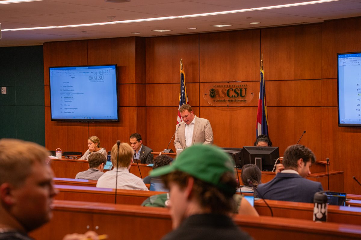 Associated Students of Colorado State University Speaker of the Senate Ryer Roberts, Speaker Pro Tempore Estevan Vega, Parliamentarian Almendra Belen Farfan and Clerk Charlotte Seymour begin roll call at the weekly ASCSU meeting Sept. 16.