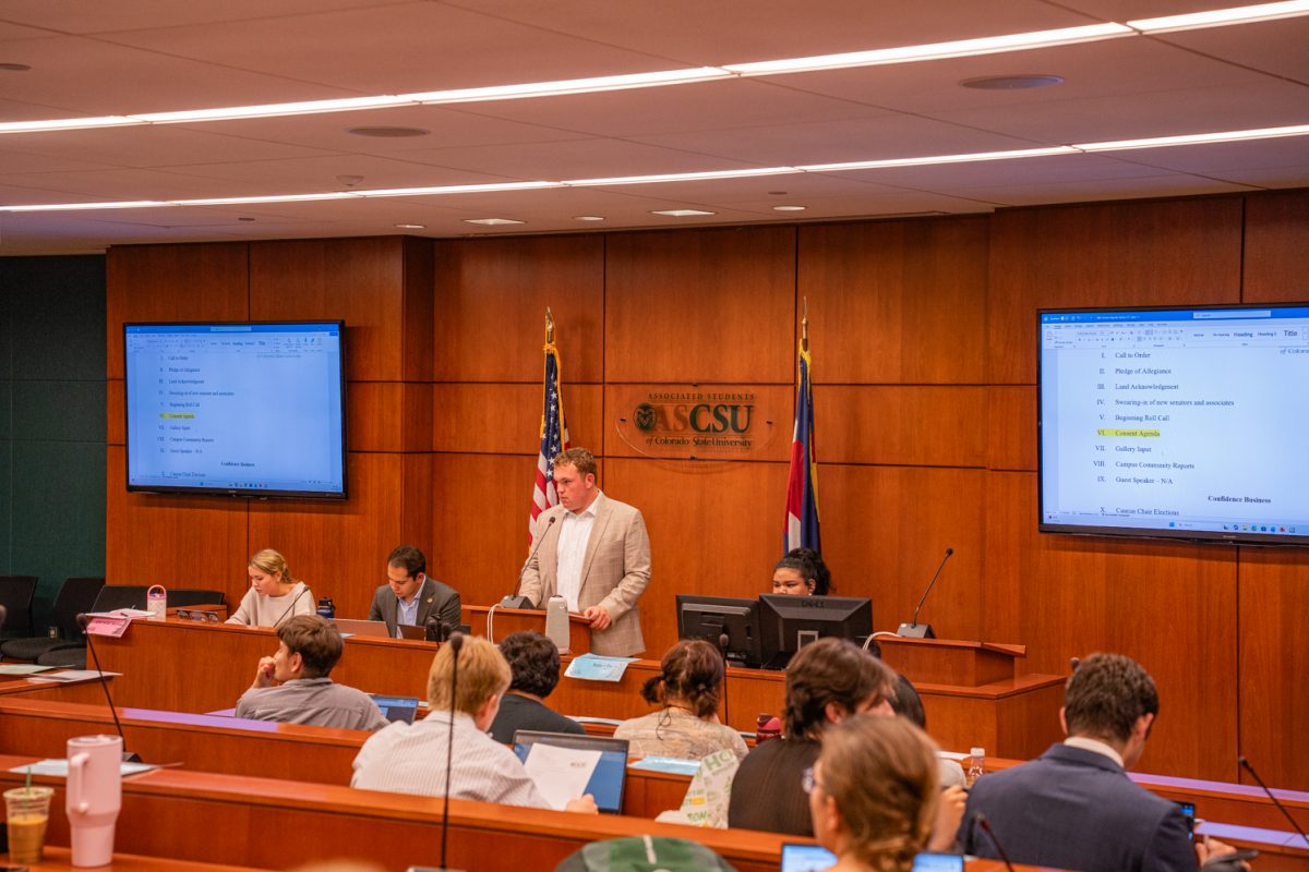 Associated Students of Colorado State University Speaker of the Senate Ryer Roberts starts talking about the consent agenda at ASCSU's weekly senate meeting Sept. 16.