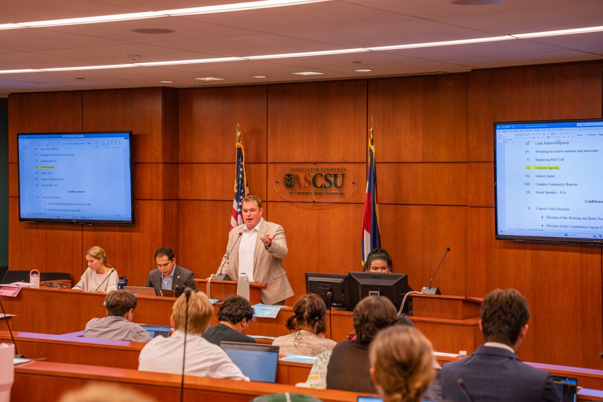 Associated Students of Colorado State University Speaker of the Senate Ryer Roberts starts talking about the Consent Agenda at the weekly ASCSU Senate meeting Sept. 16.