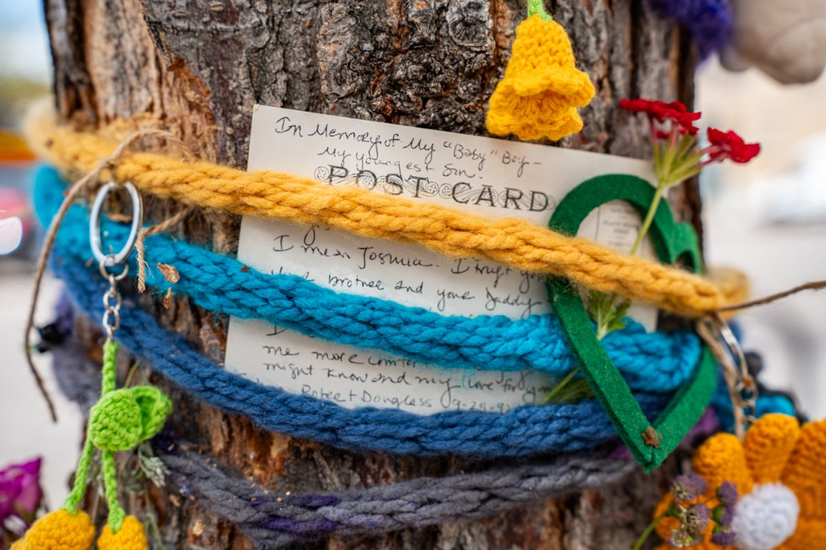 A tree on a sidewalk outside of Walrus ice cream in Old Town, Fort Collins is decorated with ropes, flowers, and notes from the community as a memorial to the crash on Aug. 29 that led to the death of one pedestrian and injured five others Sept. 1. A note reads, “In memory of my baby boy - my youngest son.”