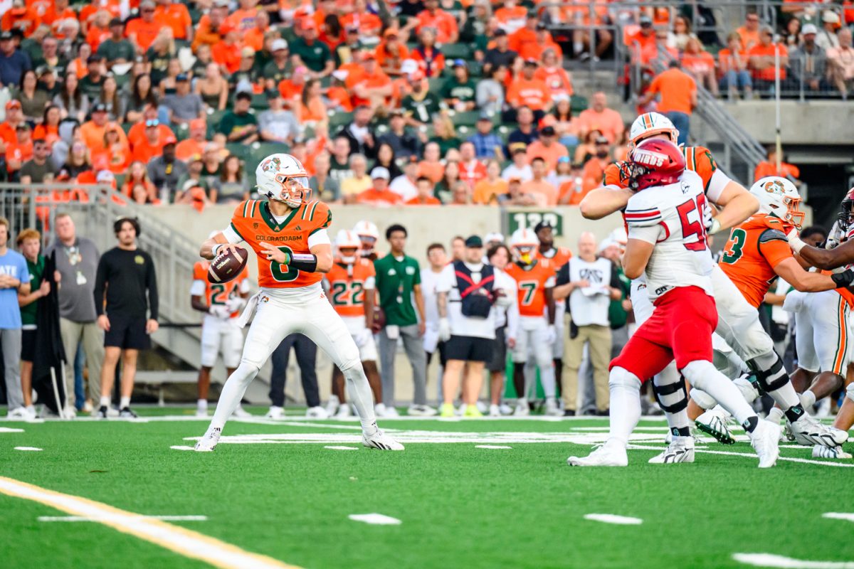 Colorado State University quarterback Hauss Hejny (8) lines up a throw during CSU's game against Southern Utah University Sept. 12.