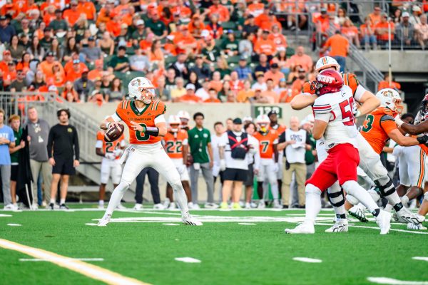 Colorado State University quarterback Hauss Hejny (8) lines up a throw during CSU's game against Southern Utah University Sept. 12.