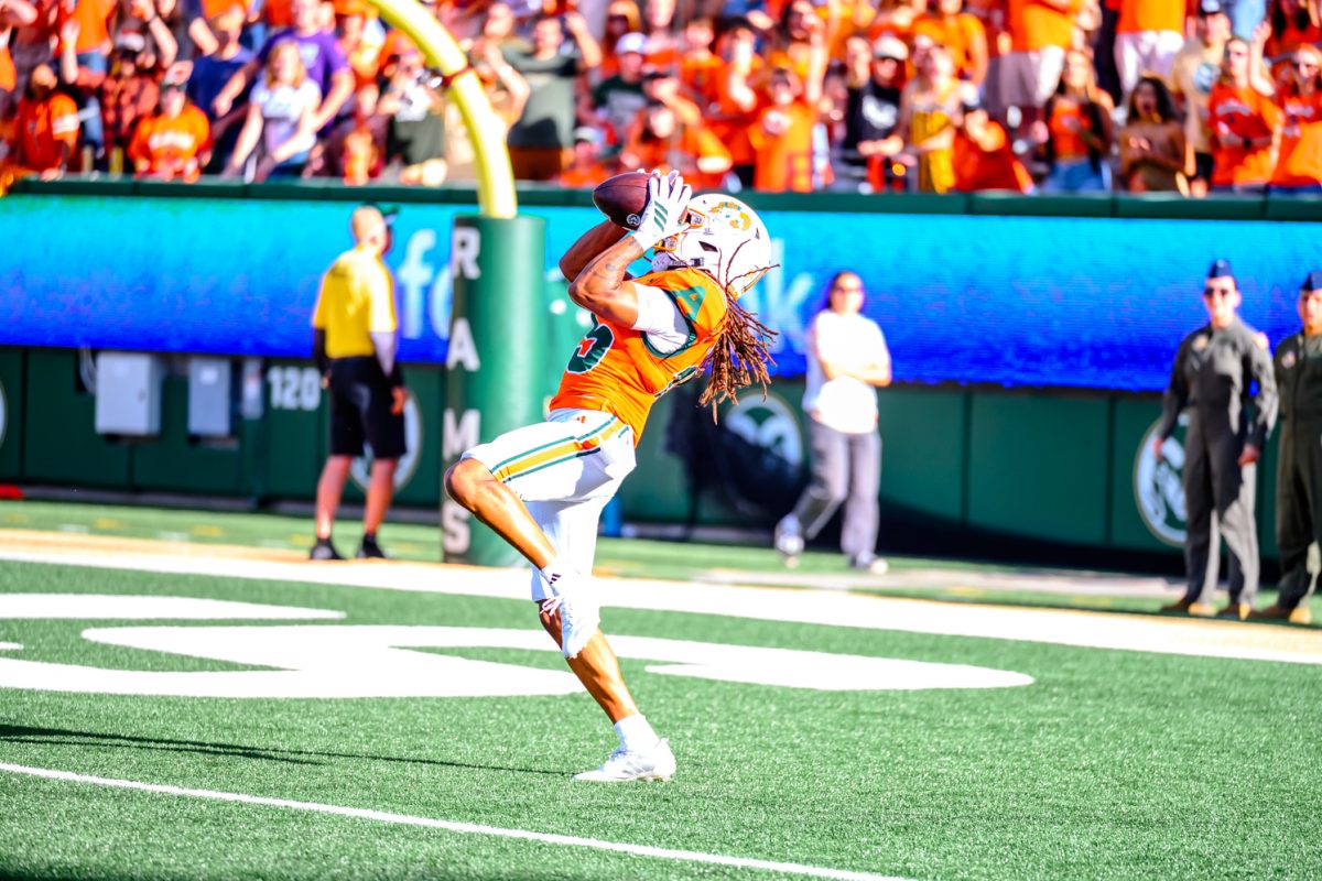 Colorado State University wide receiver Terrence Smith Jr. (15) catches a throw from quarterback Hauss Hejny (8) to score CSU's second touchdown of the Ag Day game against Southern Utah University Sept. 12. Smith scored two touchdowns for the Rams.