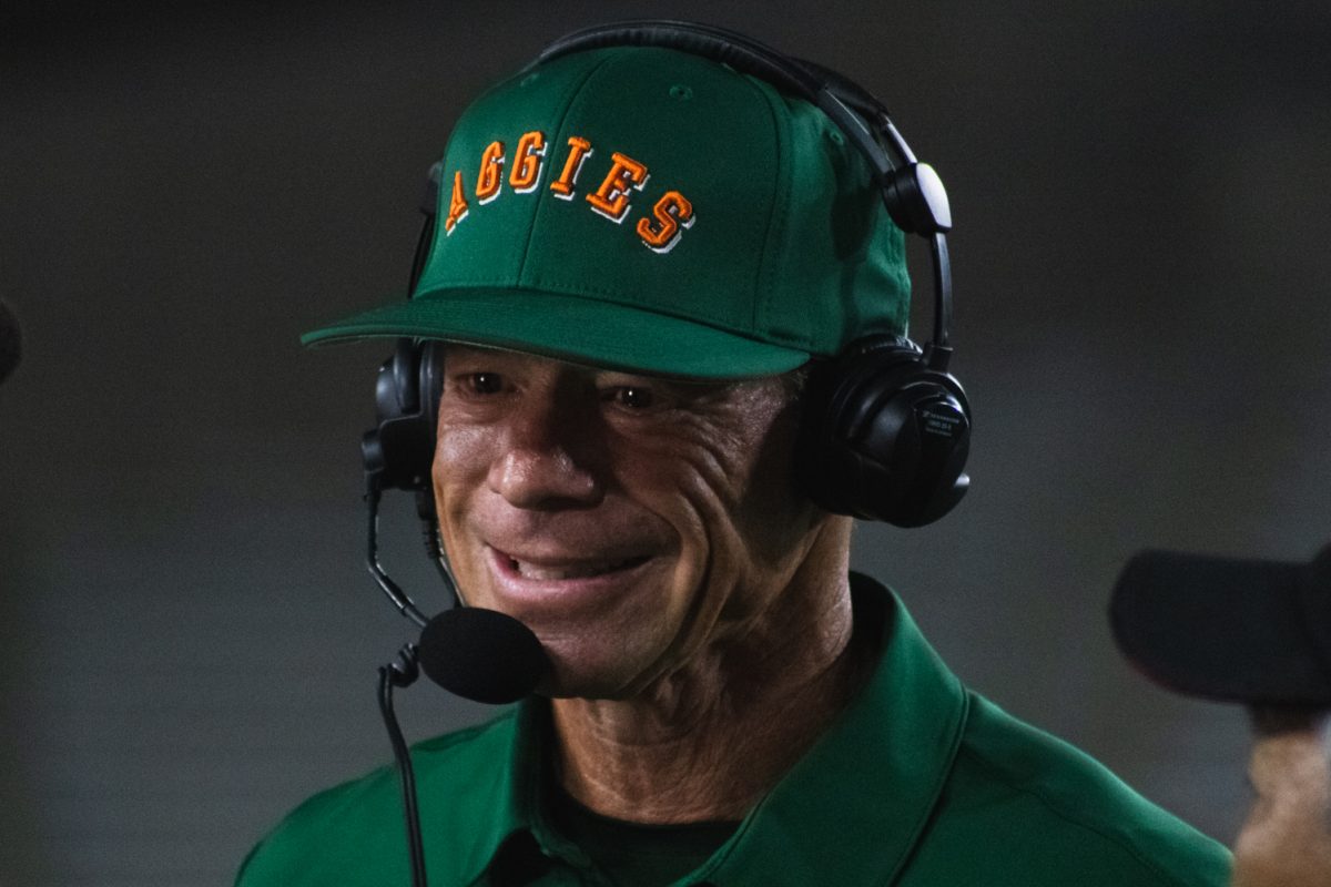 Colorado State University football Head Coach Jim Mora speaks to a camera after CSU's Ag Day Game against Southern Utah University. Mora's Rams beat the SUU Thunderbirds 58-24.
