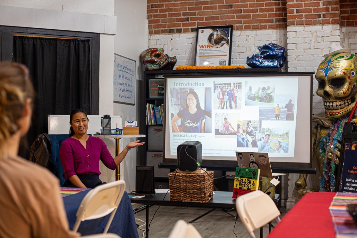 Jessica Lucey, a yoga instructor, briefly introduces herself at the BIPOC Alliance "Whole Human Self-Care" event at Sun Breath Yoga Sept. 23.