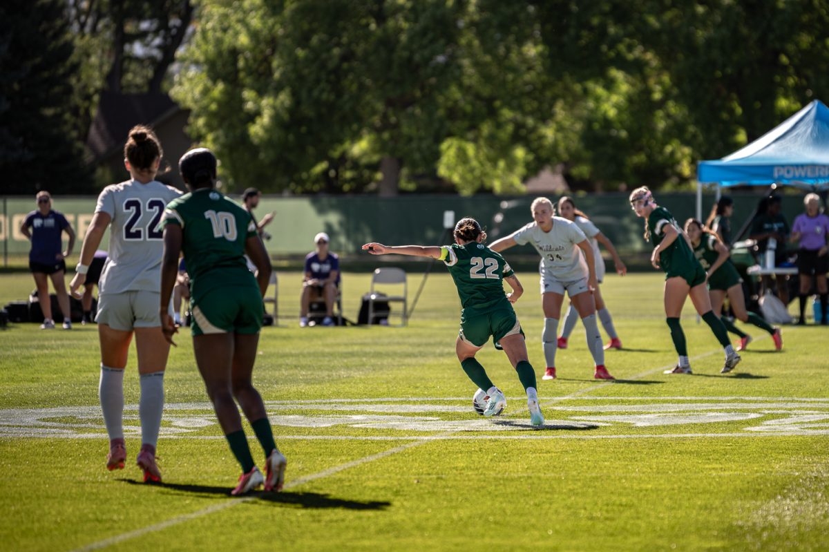 Mia Casey (22) starts the kickoff against Kansas State at the CSU Soccer Fields Sept. 10.
