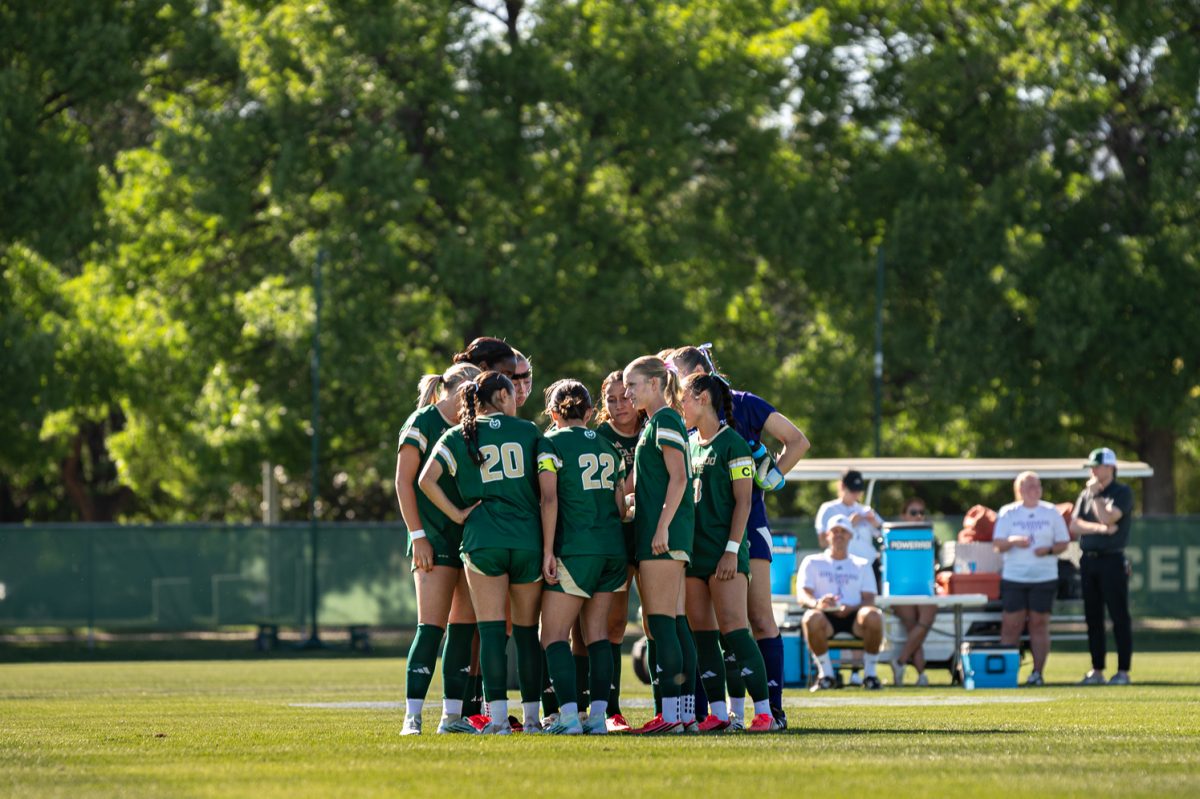Colorado State University soccer starting 10 huddle up before the game against Kansas State at the CSU Soccer Fields Sept. 10. 