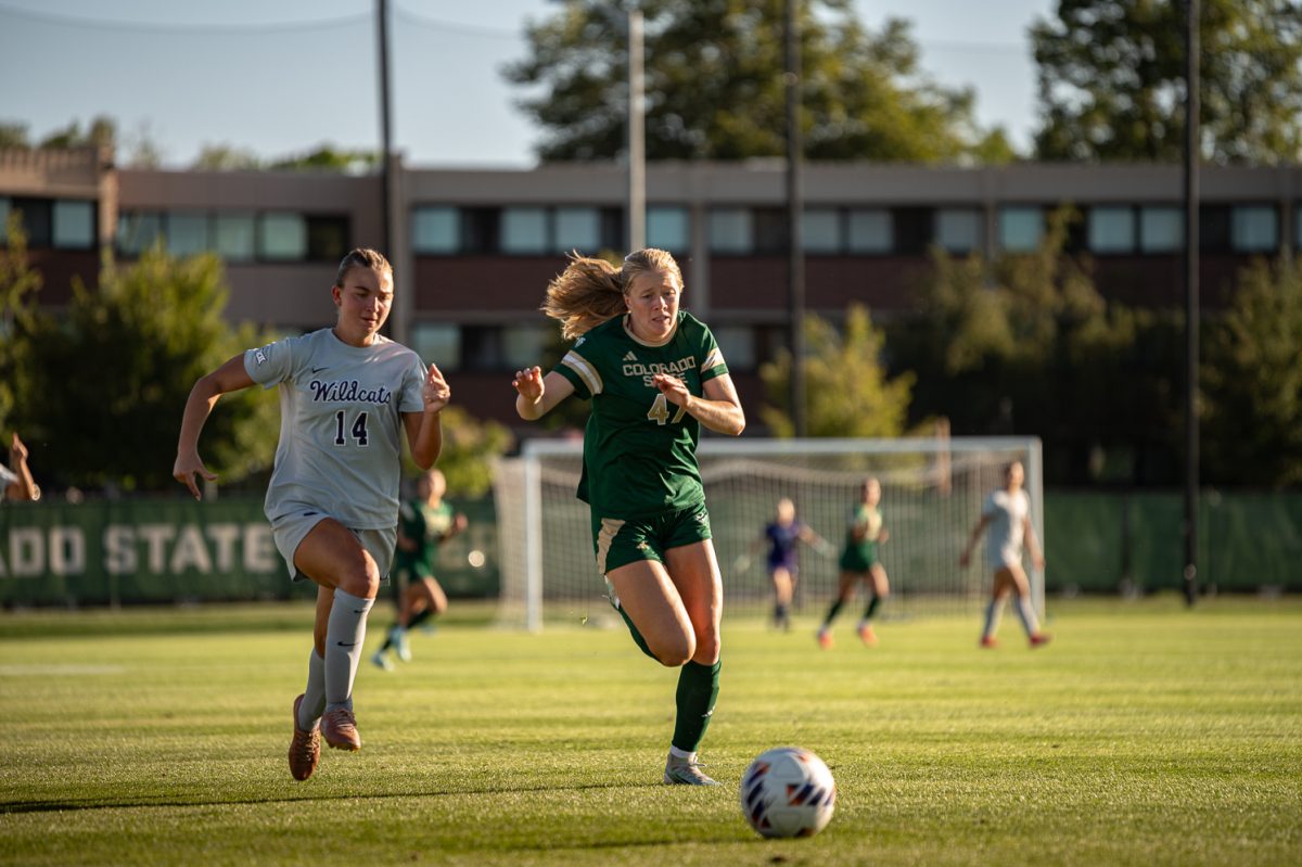 Ava Wallhead (47) chases down a loose ball against a Kansa State Wildcat player at the CSU Soccer Field Sept. 10. 