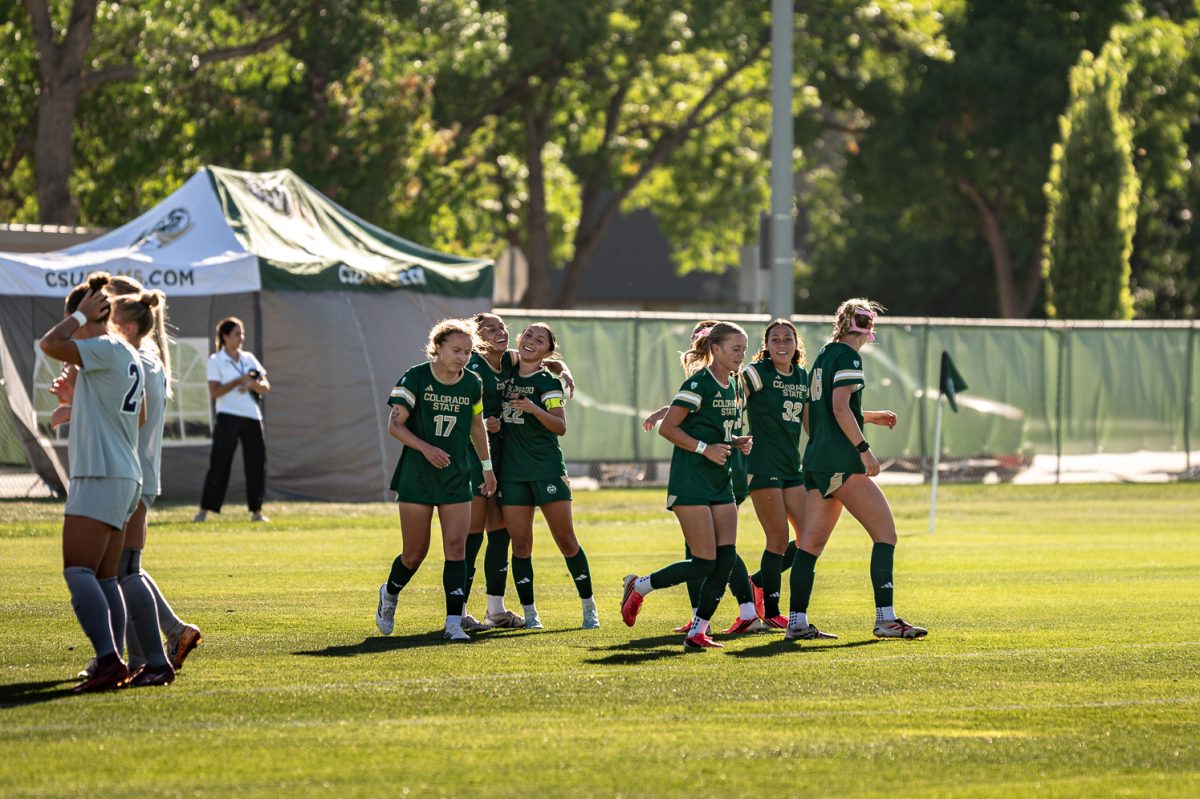 Colorado State University team celebrate after Sydney Torres (20) scores against Kansas State at the CSU Soccer Field Sept. 10. CSU leads 1- 0
