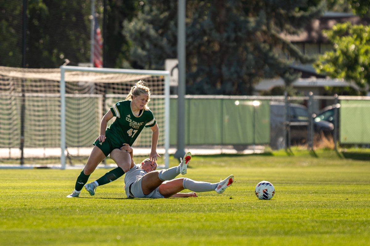 Ava Wallhead (47) wins the ball against the Kansas State University Wildcats at the Colorado State University soccer field Sept. 10.