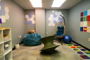 An assortment of seating options is available in Morgan Library's new sensory-friendly study space on the Colorado State University campus Sept. 18.