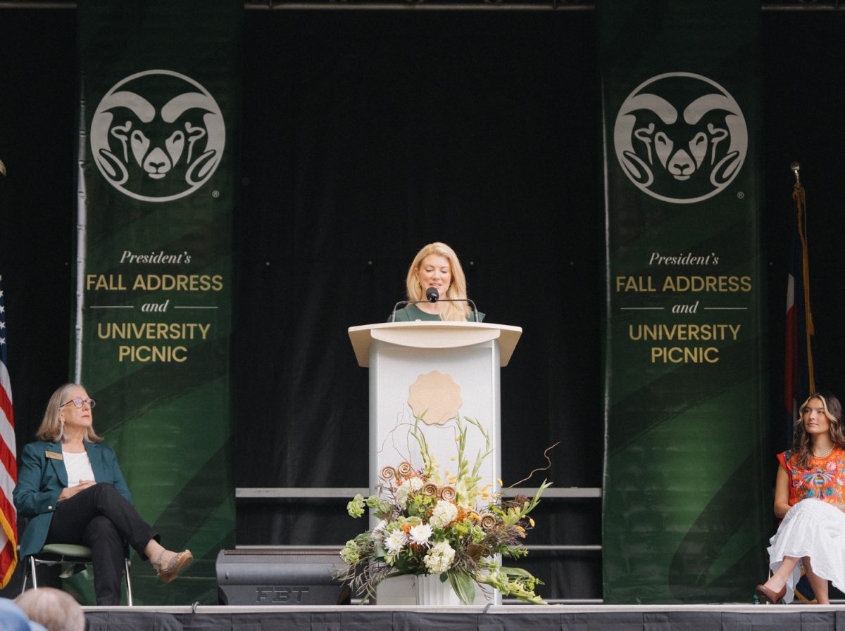 President of Colorado State University Amy Parsons delivers her annual Fall Address on The Oval Sept. 23. "CSU thrives because serious people devote their lives to serious questions," Parsons said.