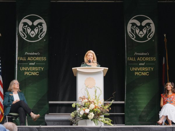 President of Colorado State University Amy Parsons delivers her annual Fall Address on The Oval Sept. 23. "CSU thrives because serious people devote their lives to serious questions," Parsons said.