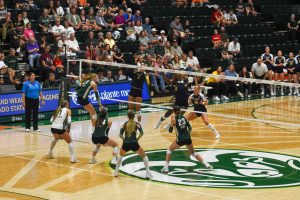 Colorado State outside hitter Ella Stowell (21) jumps up to spike the ball against the Northern Colorado Bears at Moby Arena Sept. 1.