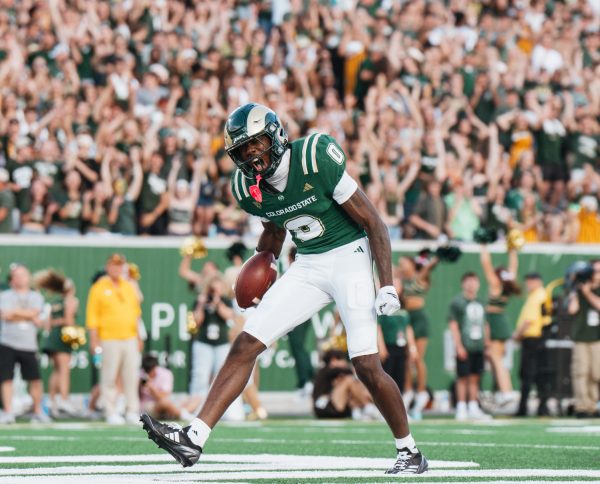 Colorado State wide receiver, RJ Vick, celebrates a touchdown during CSU’s 35-13 win over rival Wyoming on Sept. 5. 