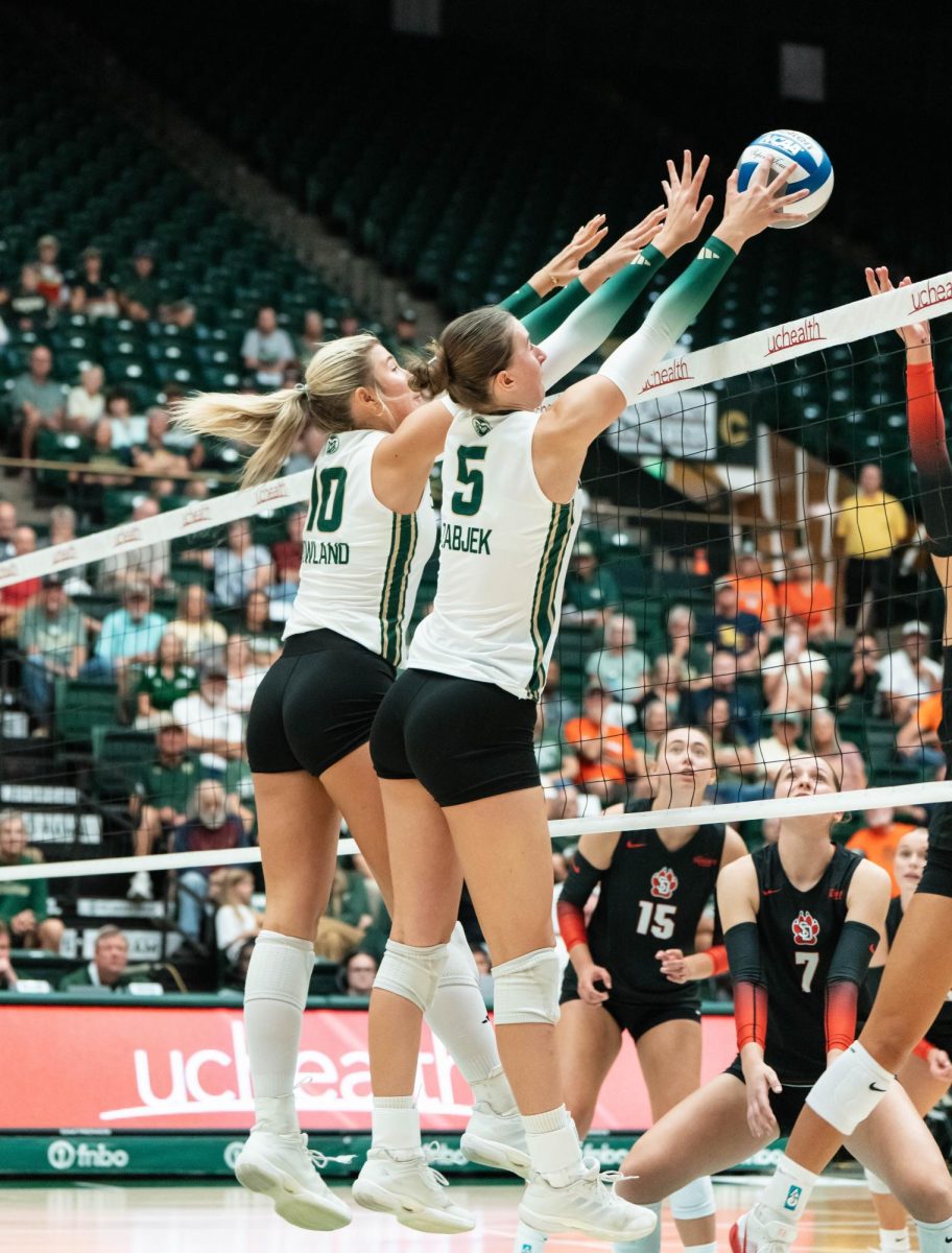 Brenna Rowland (10) and Sofia Zabjek (5) block the ball during the last set of their match against the University of South Dakota Sept. 10. Colorado State volleyball won against South Dakota 3-0.