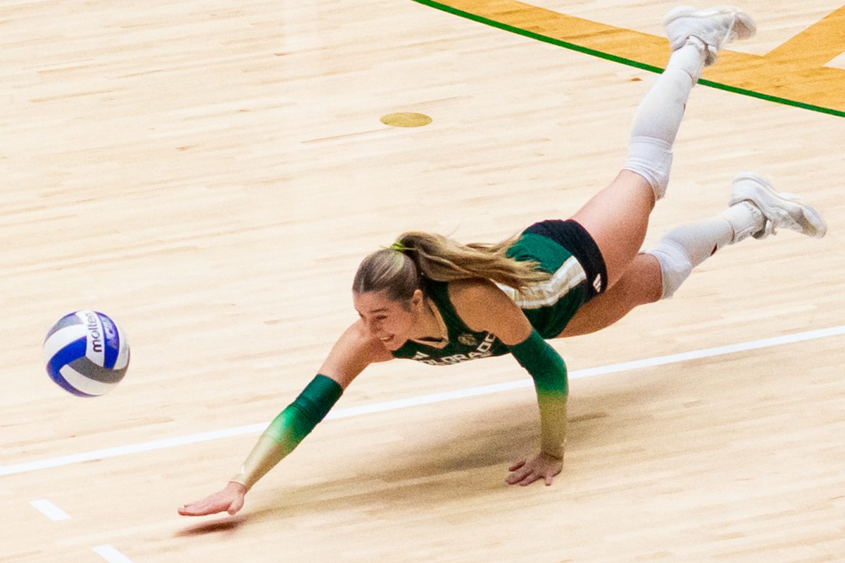 Karsyn Fetzer (1), Colorado State University volleyball's libero, dives for the ball during the Rams' home game against the Oregon State University Beavers Oct. 10. Fetzer completed 11 digs across the game's four sets.