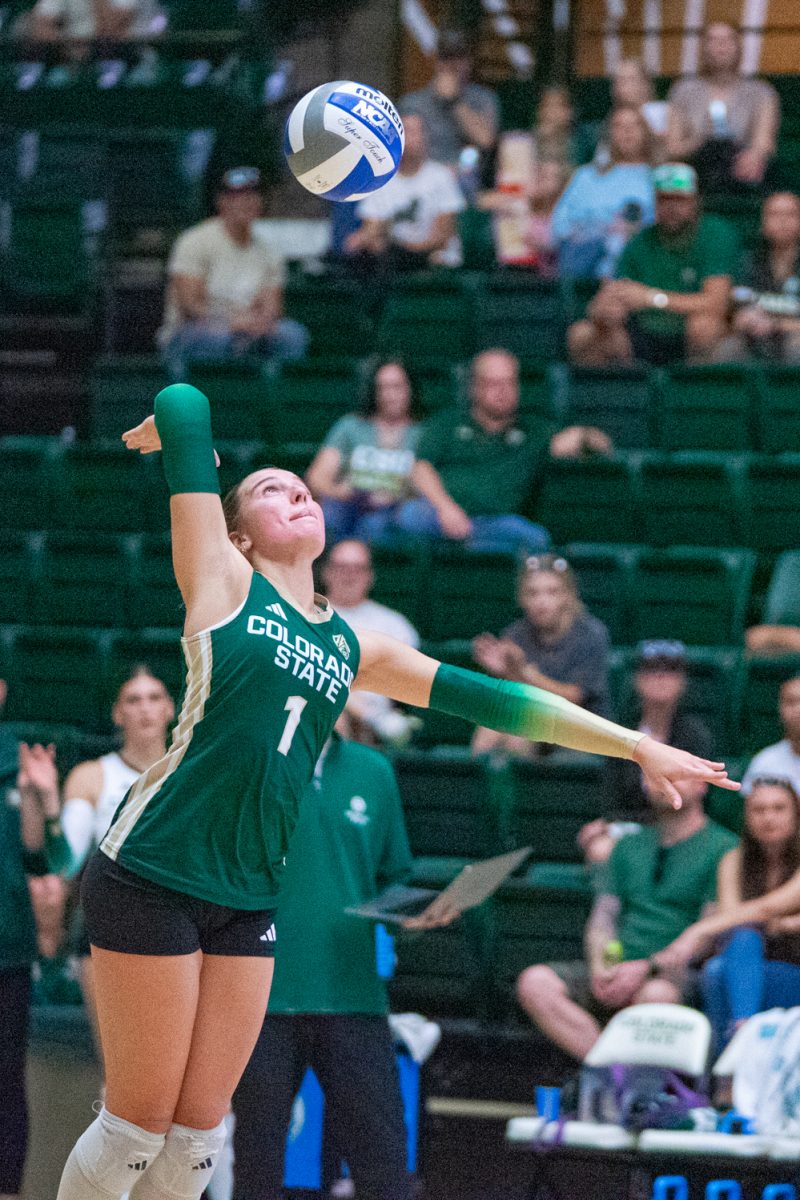 Karsyn Fetzer (1), a libero on the Colorado State University volleyball team serves the ball to the Oregon State University Beavers in Moby Arena Oct. 10. Fetzer assisted the Rams in scoring 5 times over  the game's four sets which ended in a 3-1 win for CSU.