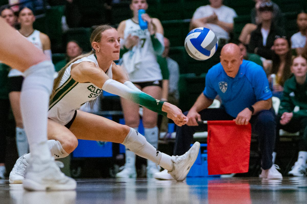 Colorado State University outside hitter Halle Jameson (4) returns a serve during the Rams' game against Oregon State University Oct. 10. Jameson had 31 attacks and 11 kills, leading CSU's offense in their 3-1 win against OSU.