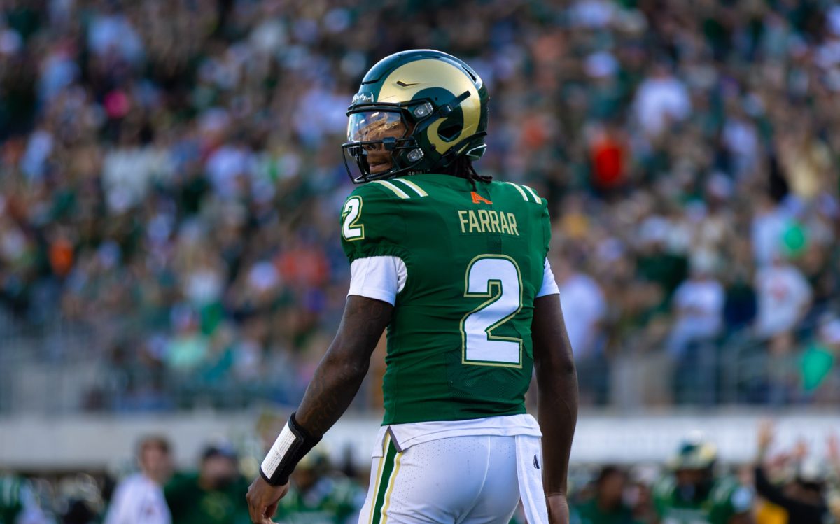 Colorado State University quarterback K'saan Farrar (2) stares back at his teammates after a touchdown during CSU's game versus Oregon State University at Canvas Stadium Oct 3. CSU lost the game 56-26.