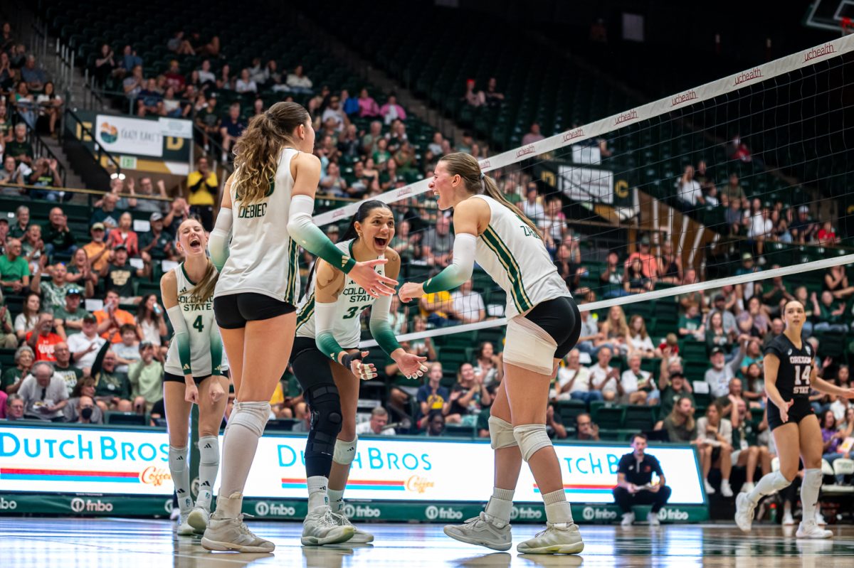 Colorado State University volleyball players celebrate after scoring a point against the Oregon State University Beavers in Moby Arena Oct. 10. CSU won the match 3-1.