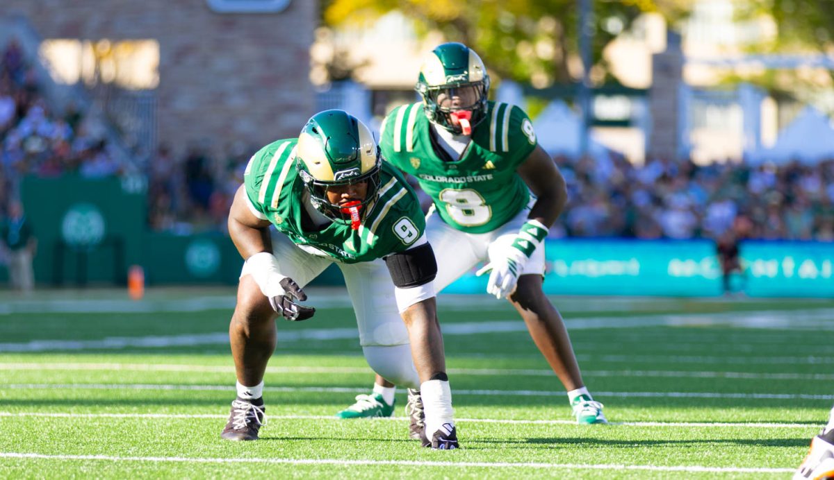 Colorado State University defensive linemen Stephon Wright (9) sits in a defensive stance before a play during CSU's game versus Oregon State University at Canvas Stadium Oct 3.