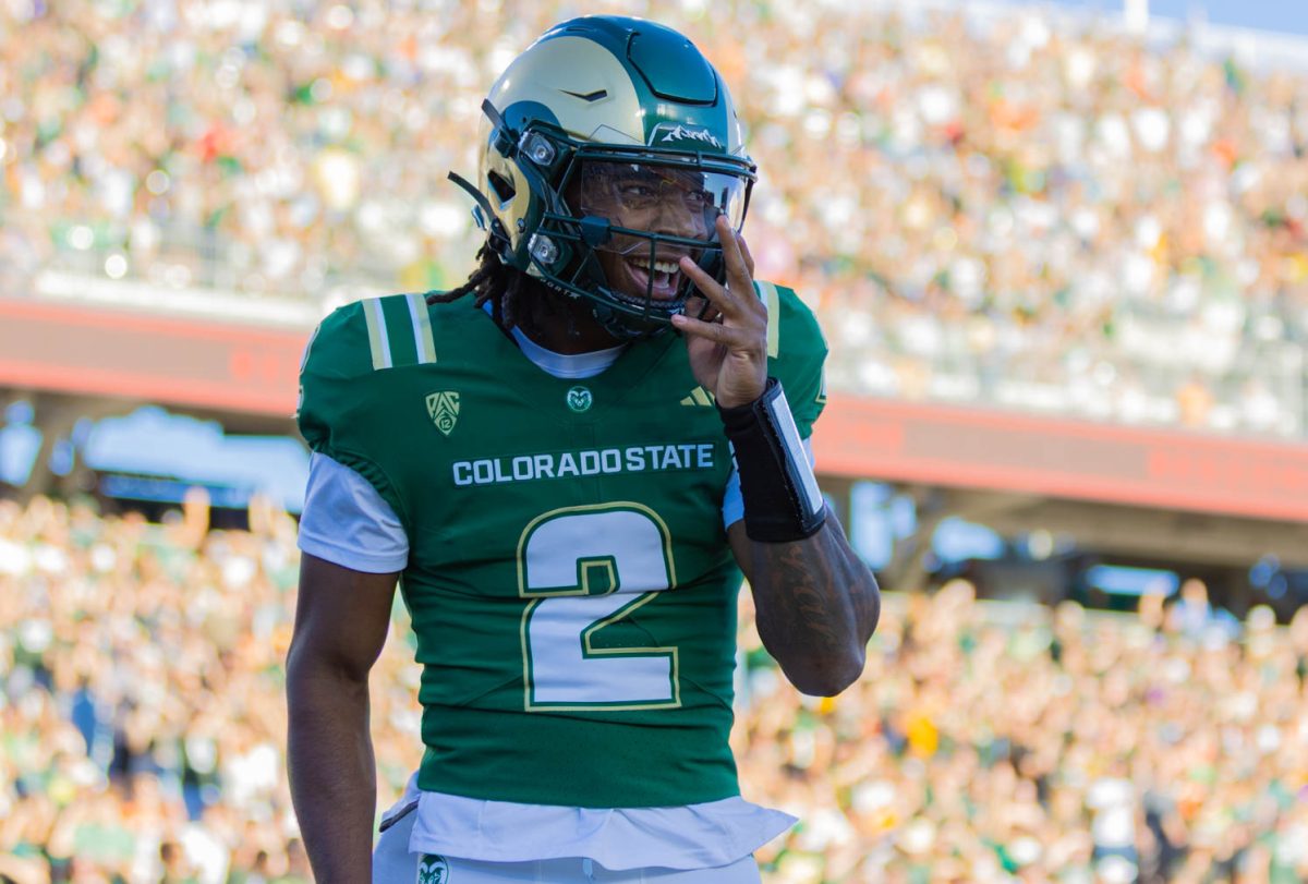 Colorado State University Quarterback K'saan Farrar (2) celebrates after scoring a touchdown during CSU's game against Oregon State University Oct. 3 at Canvas Stadium. 