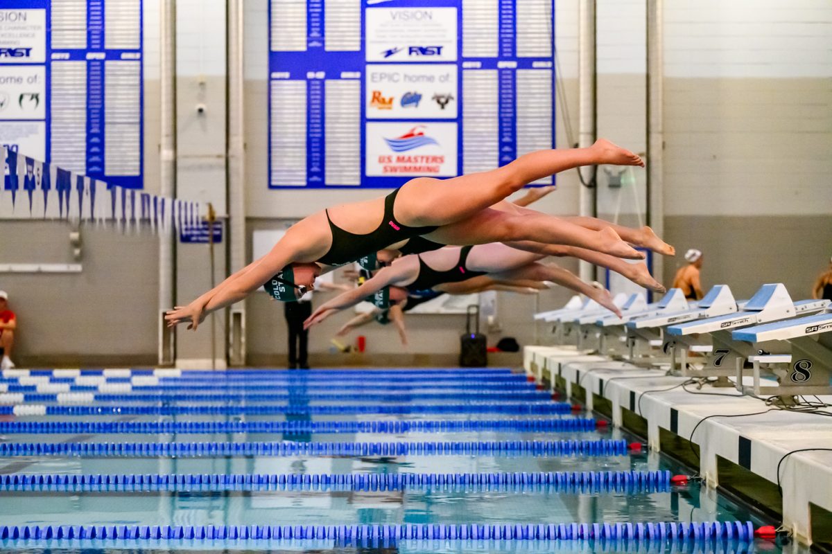 Colorado State University swimmers leap off the blocks for the 400 yard medley relay during the first day of the Front Range Invitational meet Oct. 2. CSU competed against the Air Force Academy, the University of Wyoming, the University of Northern Colorado and Denver University.