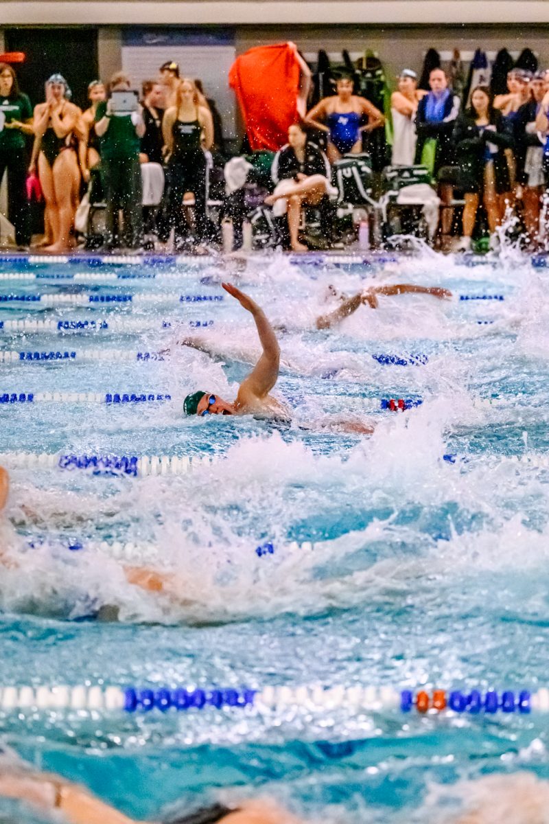 Swimmers from Colorado State University, Air Force Academy, the University of Wyoming, the University of Northern Colorado and Denver University compete in the 50 yard freestyle during day one of the Front Range Invitational Oct. 2.