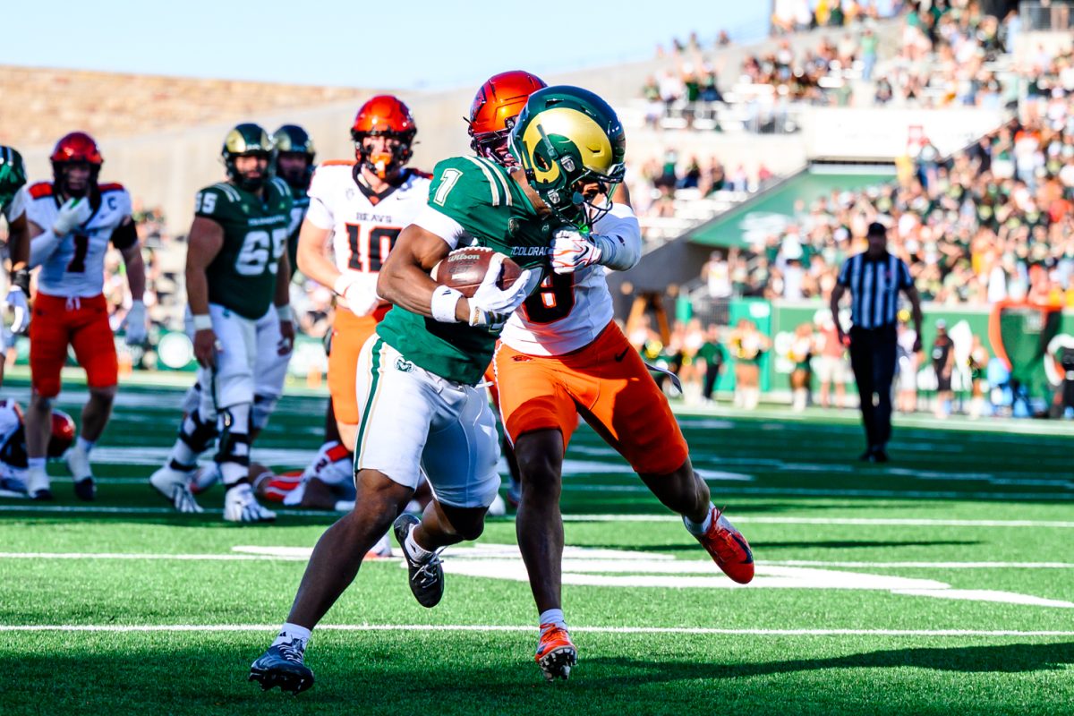 Colorado State University running back Mel Brown (1) pushes through an Oregon State University defensive player to get a touchdown Oct. 3.