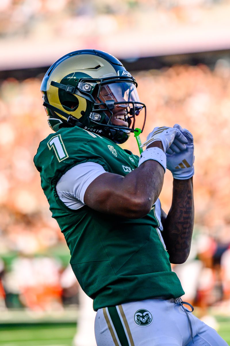 Colorado State University running back Mel Brown (1) celebrates after a touchdown against Oregon State University Oct. 3. Brown carried the ball 17 yards to the end zone with 28 seconds left in the first quarter. 