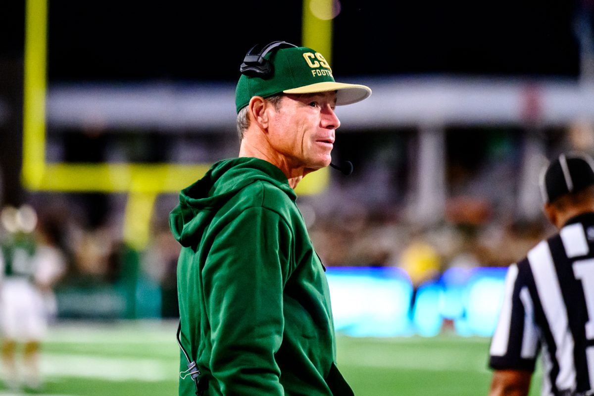 Colorado State University head football coach Jim Mora looks at the scoreboard in Canvas Stadium during CSU's game against Oregon State University Oct. 3. CSU lost 56-26 against the largest crowd in Canvas Stadium's history.