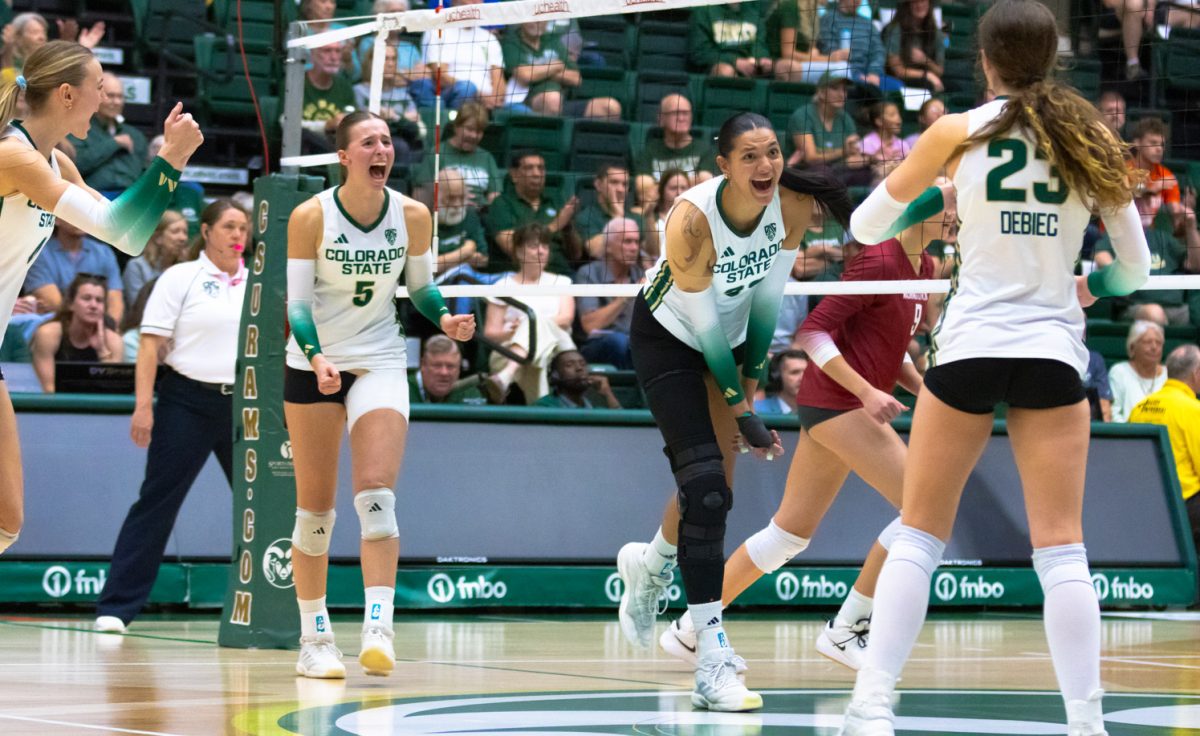 The Colorado State University volleyball team celebrate after a scored point in their match versus Washington State University at Moby Arena Oct 8. CSU won the match 3-0.