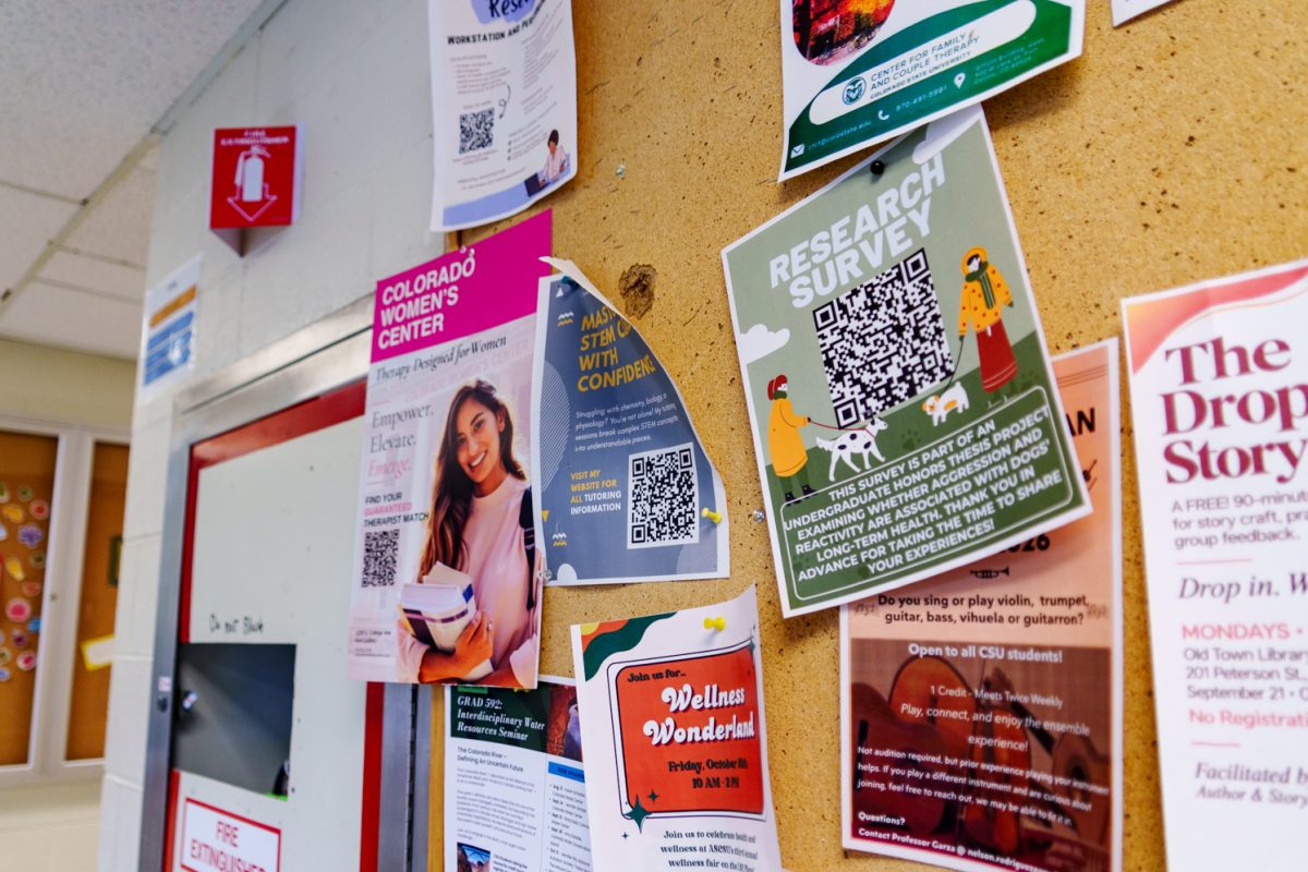 A bullet hole sits in a cork board in the Microbiology Building at Colorado State University Oct. 12. An officer-involved shooting took place in the building around 5:30 p.m. and resulted in the shooter being taken to the hospital for treatment. 