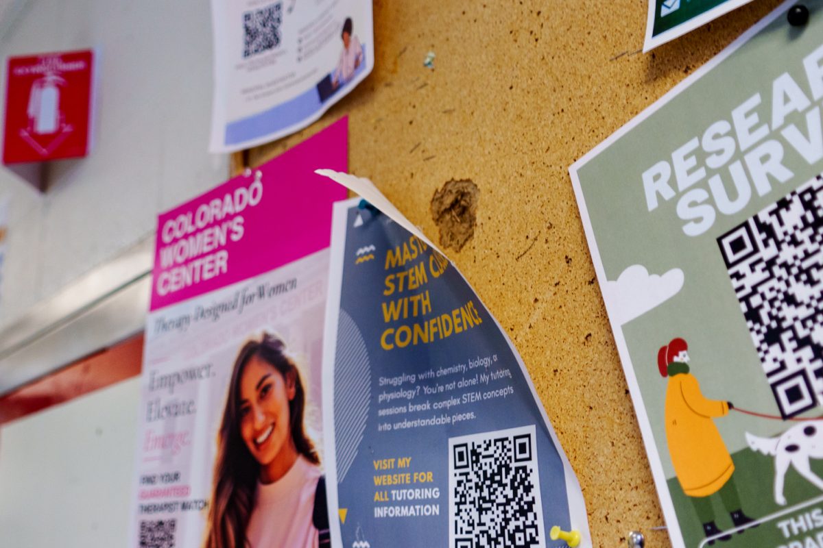 A bullet hole sits in a cork board in the Microbiology Building at Colorado State University Oct. 12. An officer-involved shooting took place in the building around 5:30 p.m. 