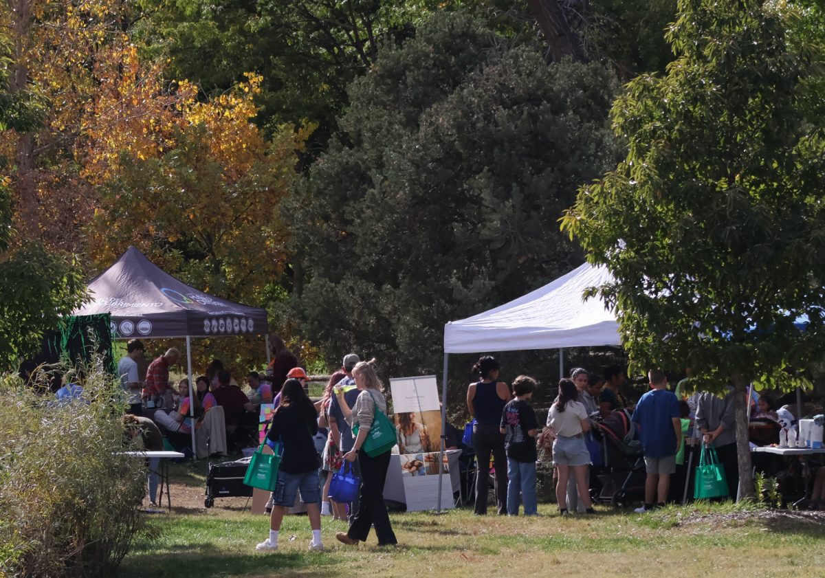 A crowd of people stand around tents at the Teen Self-Care Fair Oct. 18.